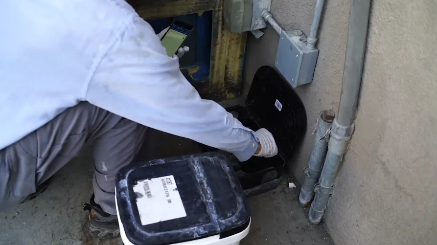 Technician servicing a large bait station positioned beside exterior utility pipes