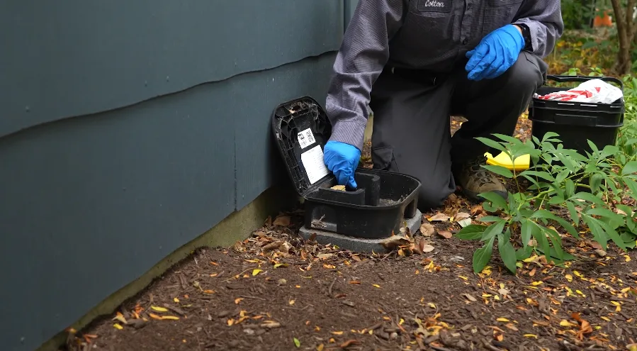 Technician kneeling to service a rodent bait station set against a house foundation