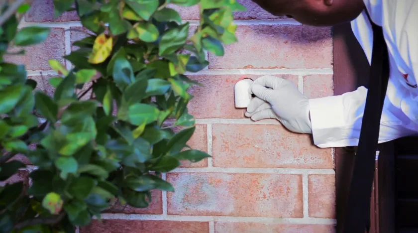 Applying product at brick weep holes along a wall base