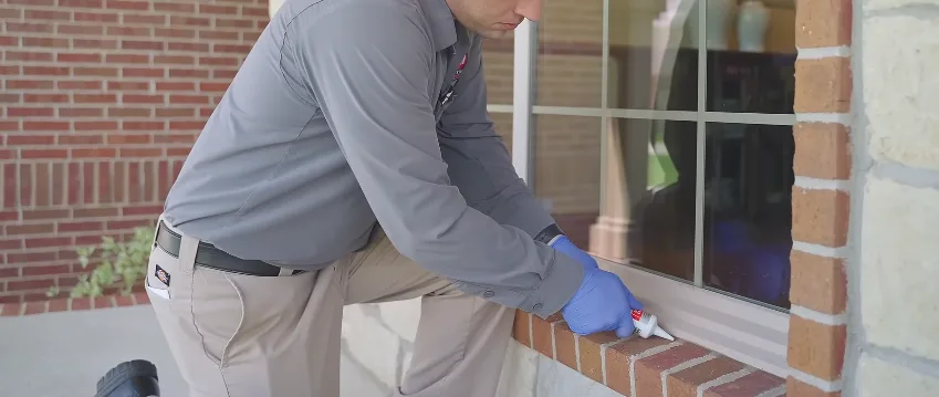 Caulking the joint along a brick window ledge to close an exterior gap