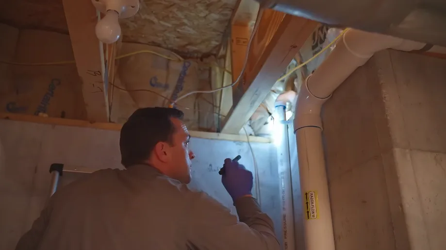 Working inside an open ceiling framing cavity alongside wiring, with a work light