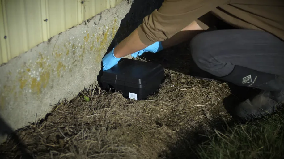 Gloved hands working at a crawl space foundation with a collection bag