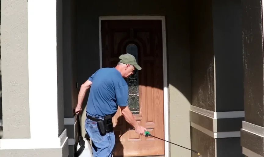 Technician working at a front door threshold where a worn sweep leaves a gap