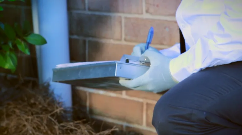 Technician recording findings on an inspection sheet beside an insulated block wall