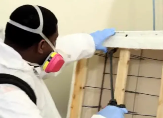 Technician in a respirator treating an open wall stud cavity during a repair