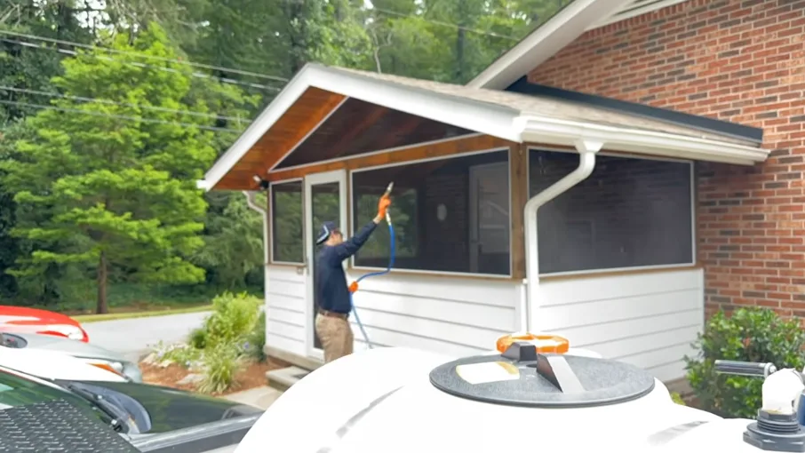 Extension pole reaching roof eaves and gutter line from the ground