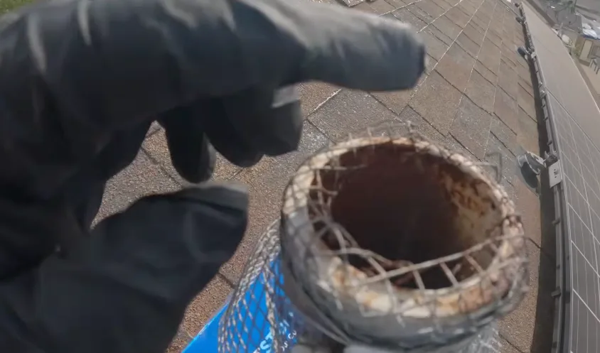 Gloved hand fitting mesh screen around a roof pipe to seal the opening