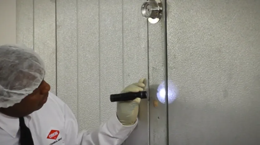 Flashlight held to a gap between siding panels during an exterior inspection